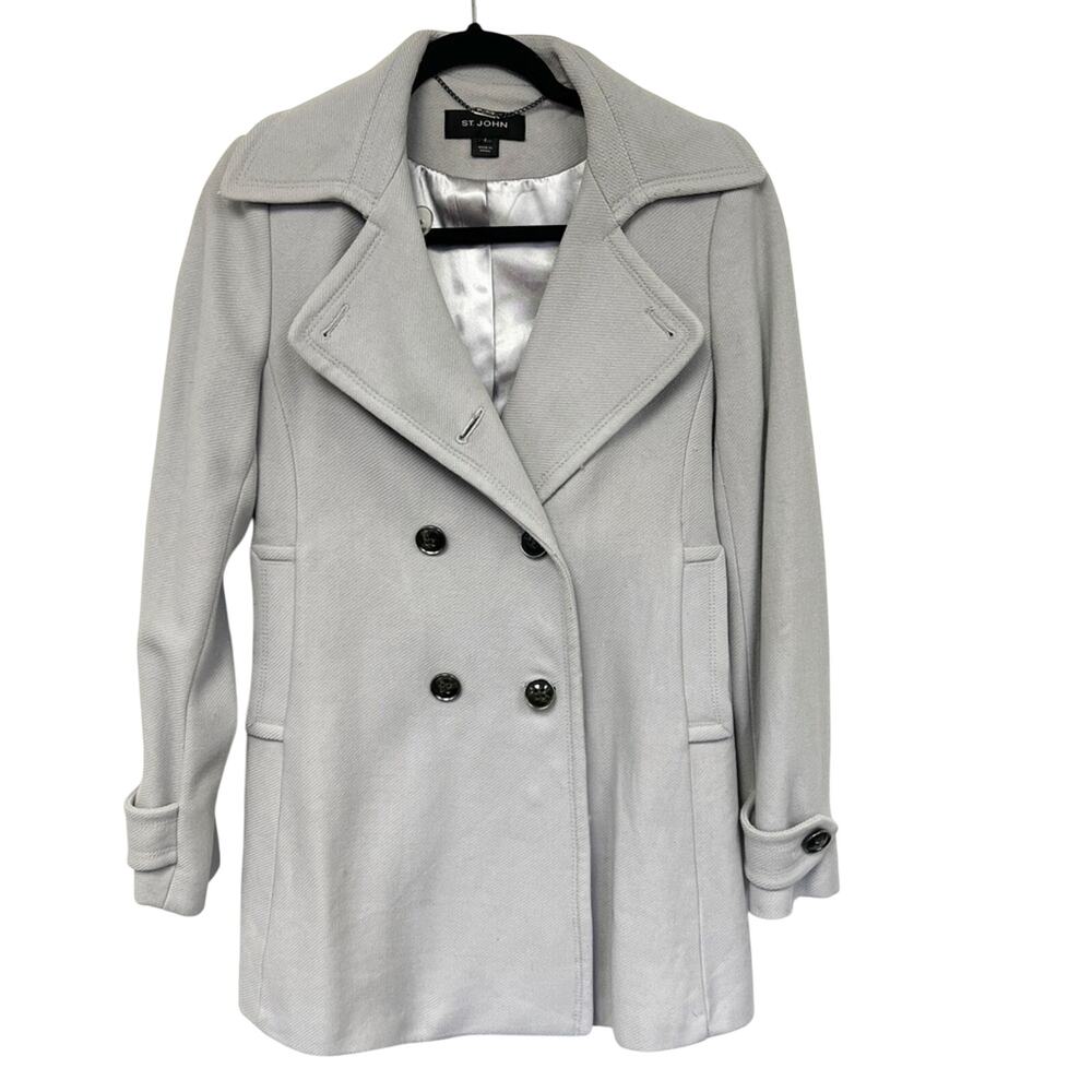 SZ 2 St. John Gray Wool Blend Winter Coat Double Breasted Pea Coat Style